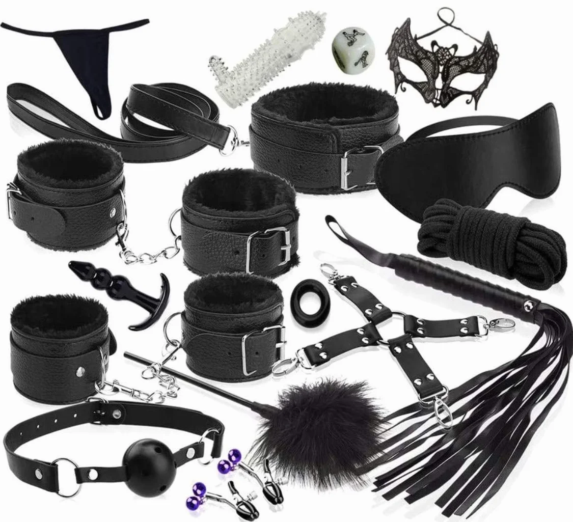 Ensemble de Servitude BDSM Composé de 18 Articles Parfait pour les Débutants, Menottes SM Avec Masque pour les Yeux et Sex Toys Érotiques pour Couple, Noir