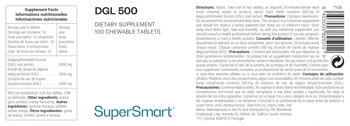 DGL 500 - Extrait de Racine de Réglisse - Reflux Gastro-Intestinal - Contribue à Réduire les Reflux Acides, Douleurs Gastriques, Nausées - Comprimés à mâcher - Vegan - Sans Gluten - Supersmart