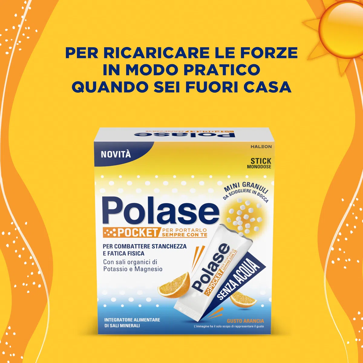 Polase Pocket, Complément alimentaire de magnésium et de potassium à prendre sans eau, contre fatigue et fatigue, chaud, goût orange, 14 bâtons orosolubles