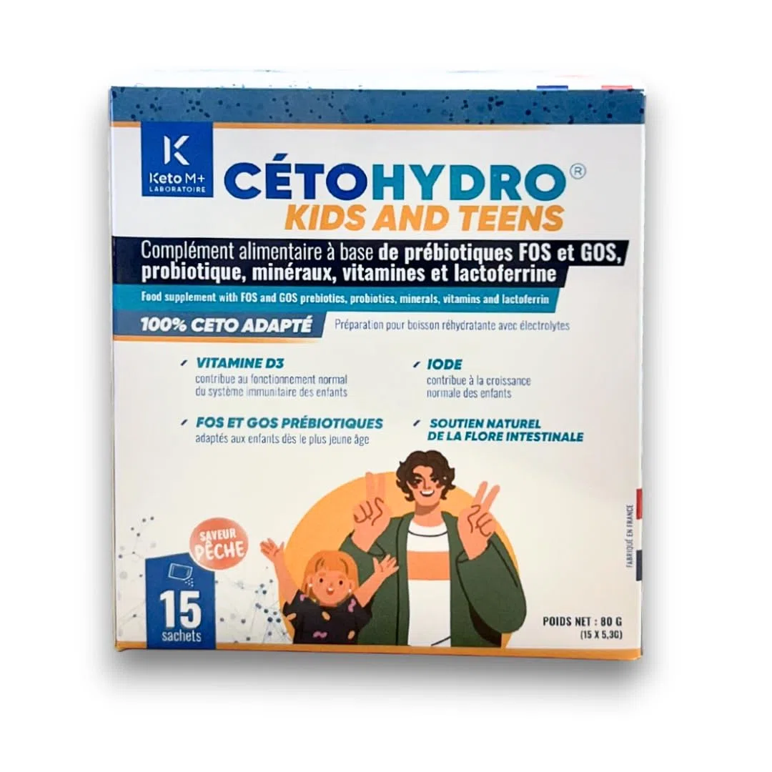 CETOHYDROKIDS Hydratation & Immunité Enfant – Sans Sucre – Électrolytes, Probiotiques & Lactoferrine – Saveur Pêche– 15 Sachets