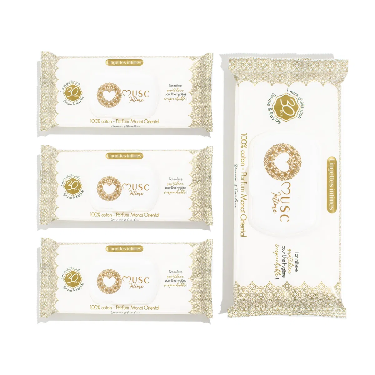 MUSC INTIME La Marque Officielle - Lot de 3+1 offert - Lingettes Intimes - Monoï Oriental - La Rayonnante - Douceur & Fraicheur - 98% Ingrédients Naturels - 4 x 30 unités