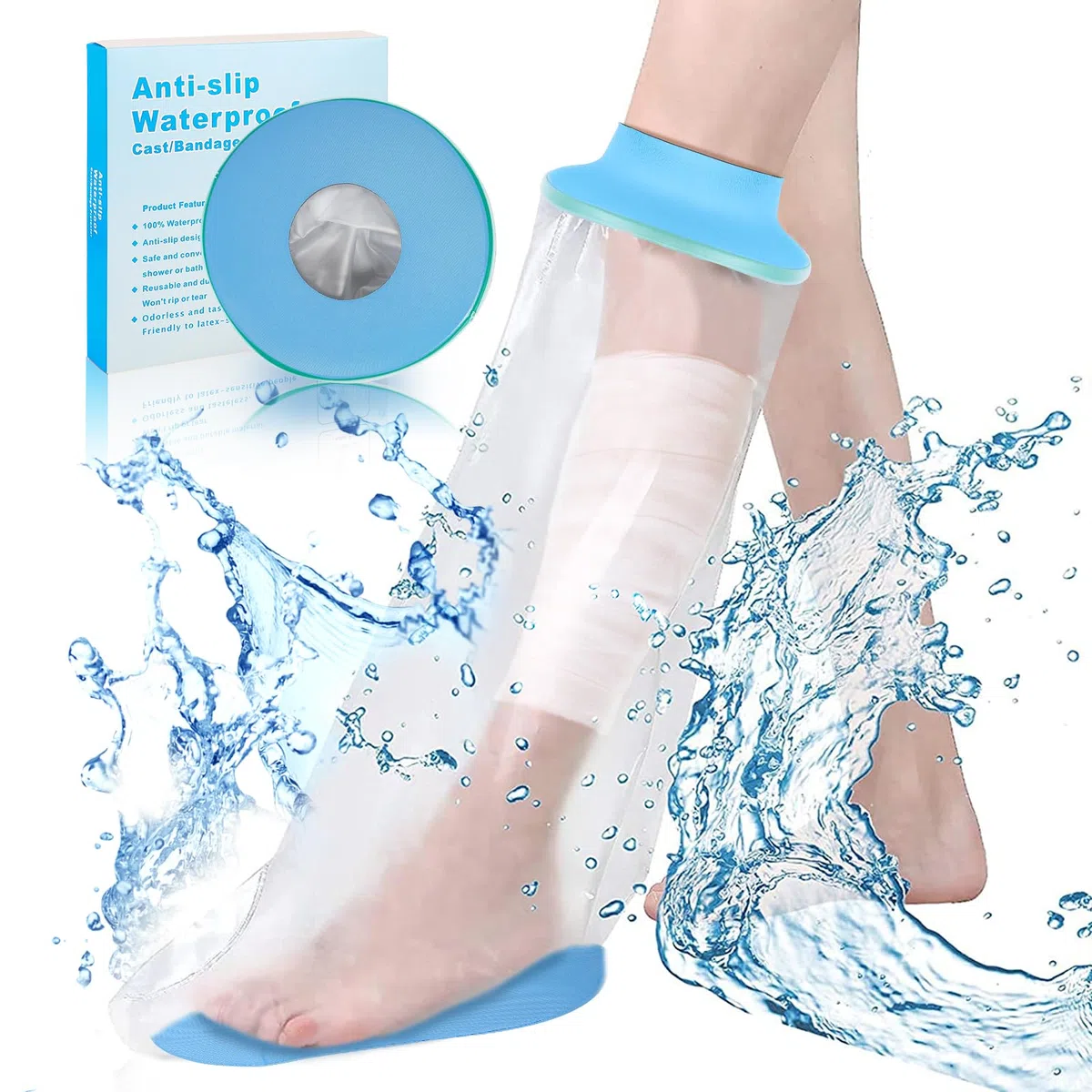SUPERNIGHT Housse imperméable pour plâtre de jambe – Protection étanche pour demi-jambe adulte pour plaies de jambe et de pied – Manchon réutilisable pour la douche et le bain – Design antidérapant