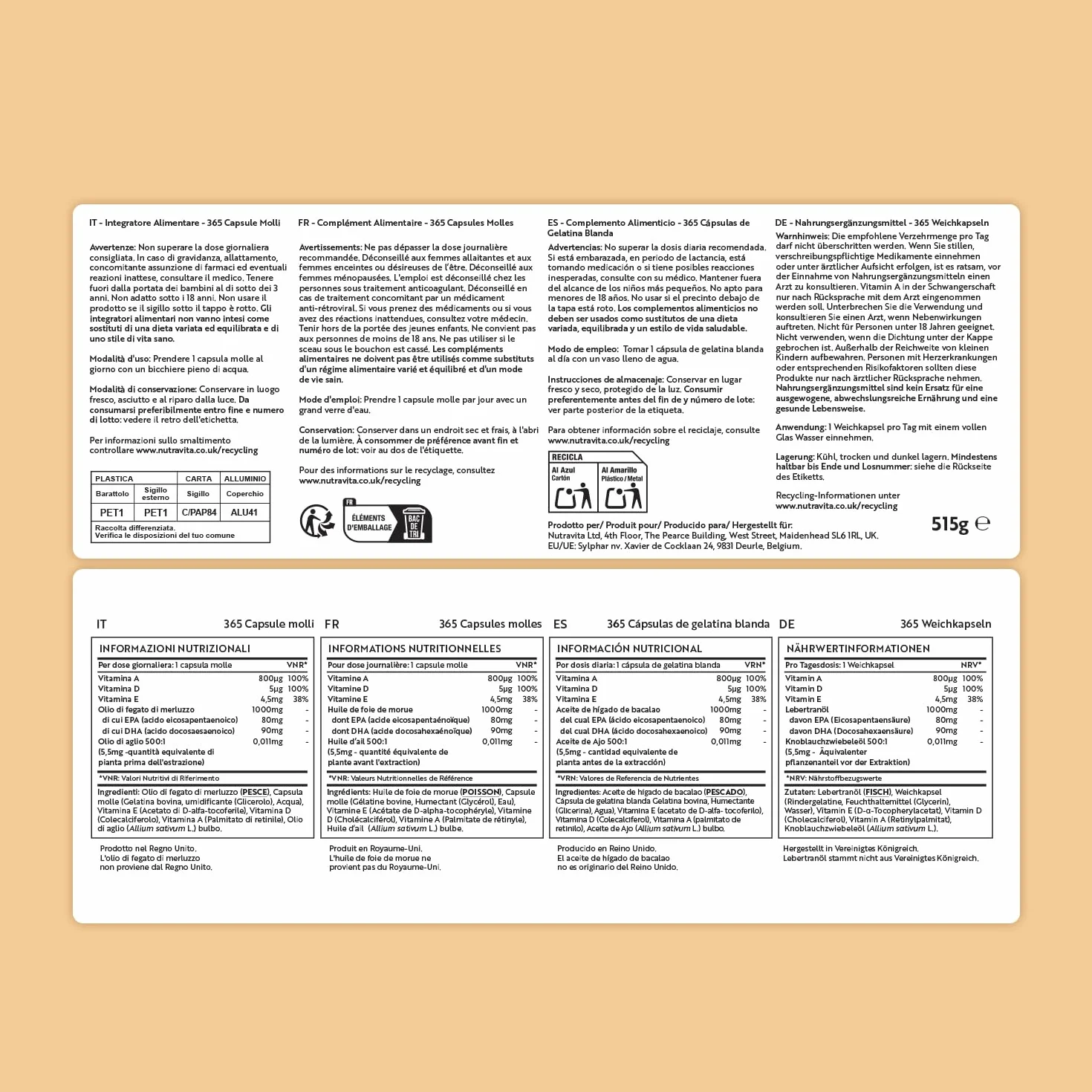 Huile de Foie de Morue 1000 mg - 365 gélules d'Huile de Poisson de qualité supérieure - Oméga 3, Vitamines A, D, E et Huile d'Ail - Soutient la santé cardiaque et cérébrale - Nutravita