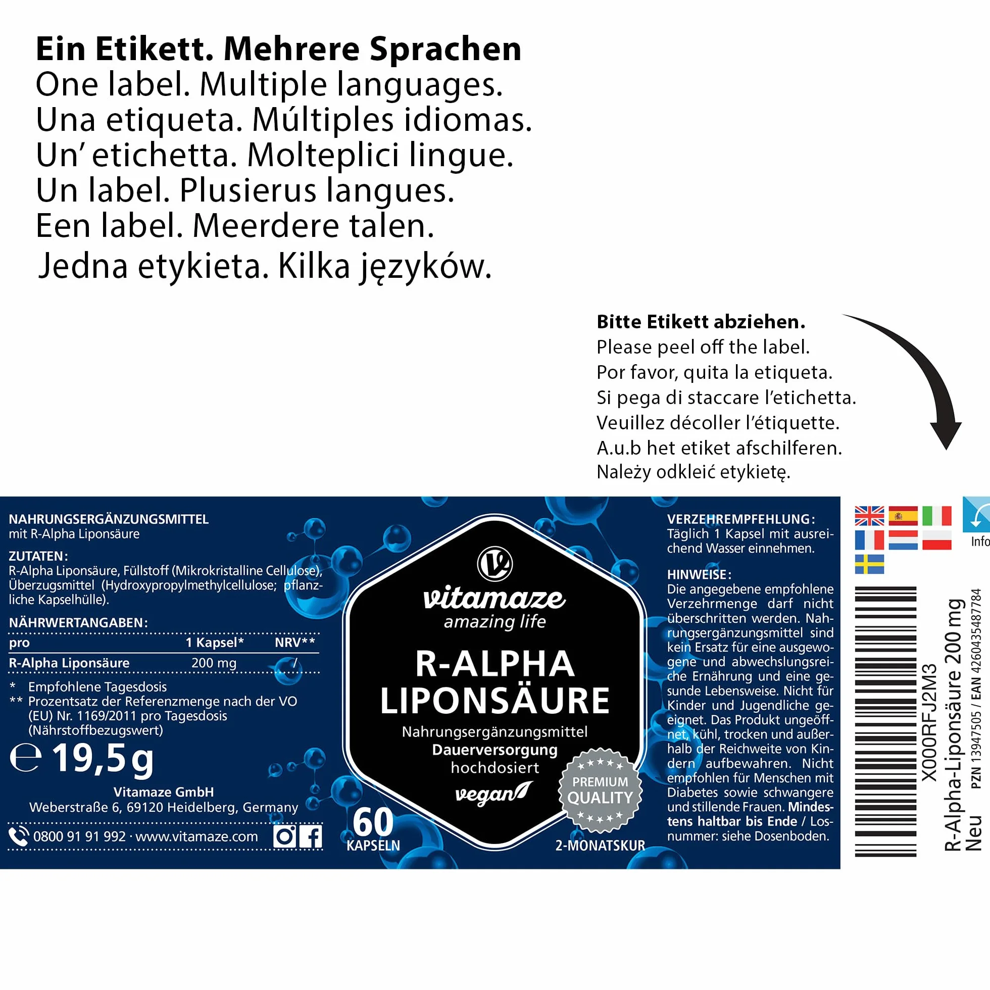Acide Alpha-Lipoïque à Haute Dose, 200 mg par Capsule, Vegan, 60 Gelules pour 2 Mois, Forme Naturelle D'Acide Thioctique, Complément Alimentaire sans Additifs Inutiles
