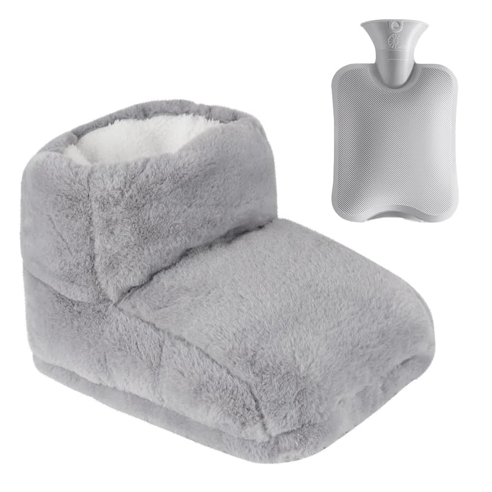 Chauffe-Pieds, Chauffe Pied Non Électrique, 2 in 1 Chauffe-Pieds Peluche avec 1L Bouillottes, Bottes Chauffants, Super Doux et Chaud, 30x25cm Chausson Chauffant pour Femme Homme (Gris)