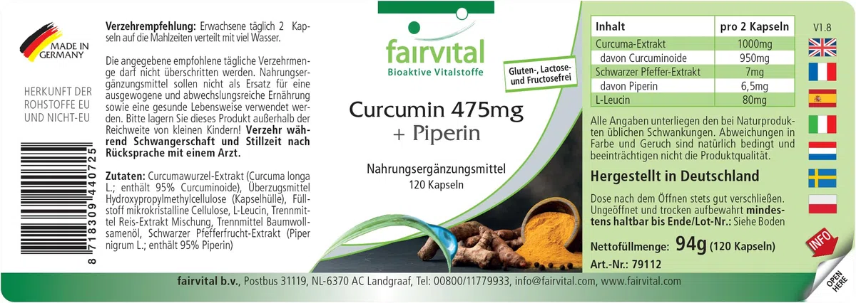 fairvital Gélules de curcuma, 500mg d'extrait de curcuma par gélule, 120 gélules, HAUTEMENT DOSÉES, curcumine 95% avec biopérine (pipérine)