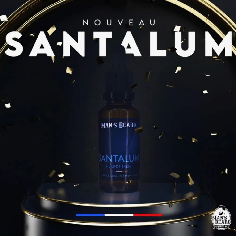 Man's Beard - Huile à barbe parfumée Santalum 30ml – Parfum bois de Santal - Soin et entretien hydratant naturel pour la barbe - Ingrédients d'origine naturelle -100% Fabrication Française
