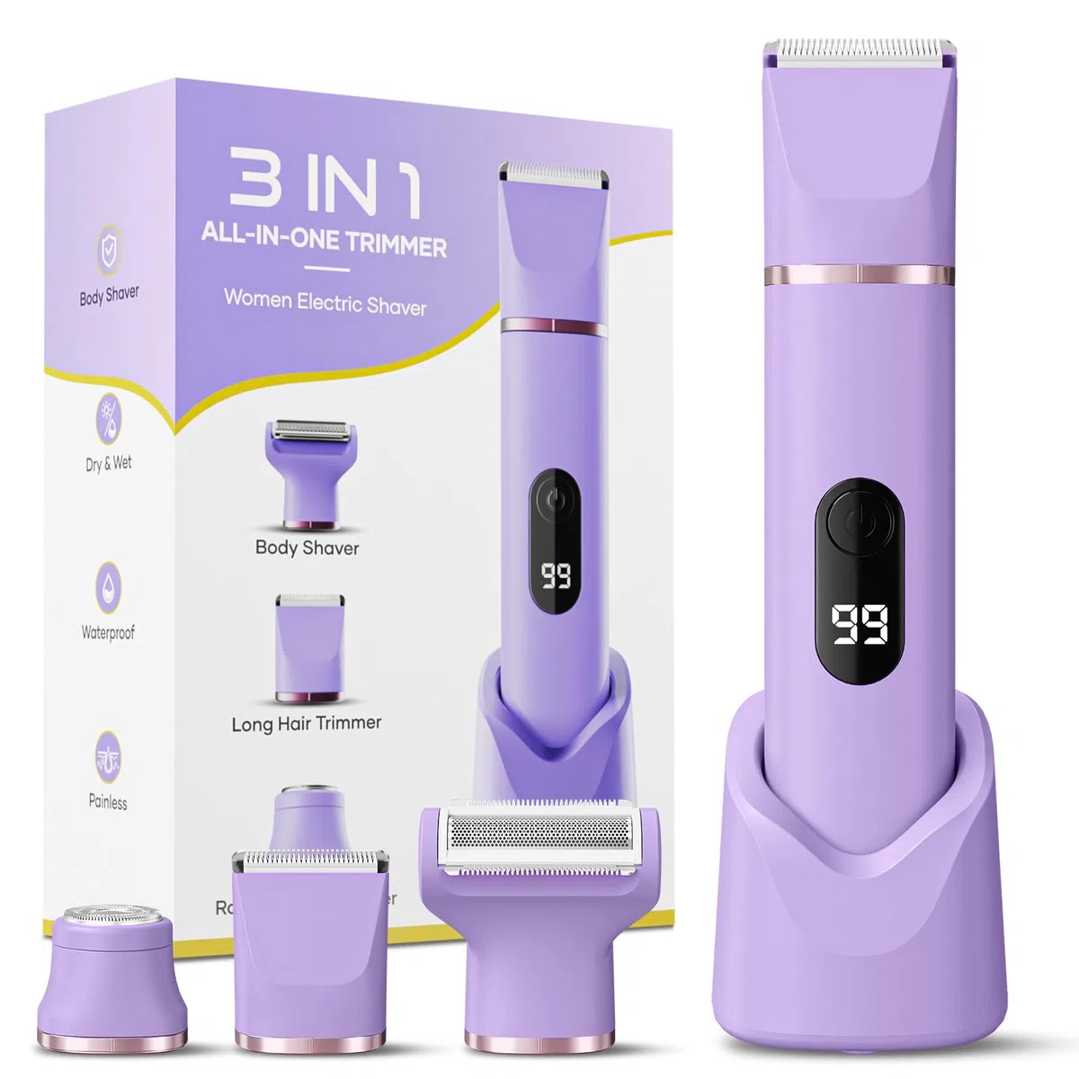 Tondeuse Femme Intime Maillot, Rasoir Électrique Femme 3-en-1, Rasoir Femme sans Douleur, Épilateur Visage et Corps Étanche avec Écran LCD pour Jambes, Bras, Aisselles
