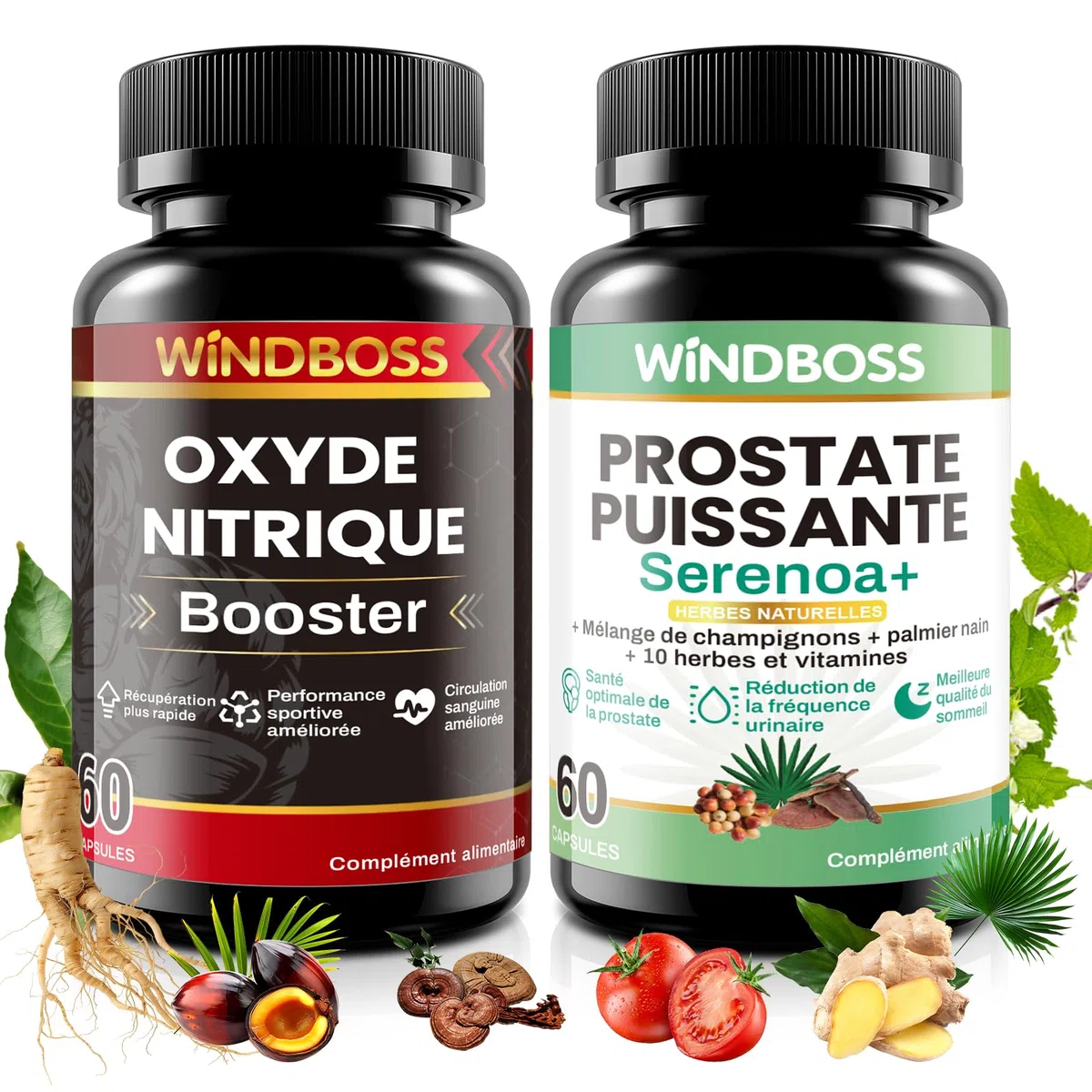 WINDBOSS Pack 2 en 1 – Booster d’Oxyde Nitrique & Complément Prostate pour Hommes – 60 Gélules Chacun – Améliore Circulation, Endurance, Santé Urinaire et Qualité du Sommeil avec