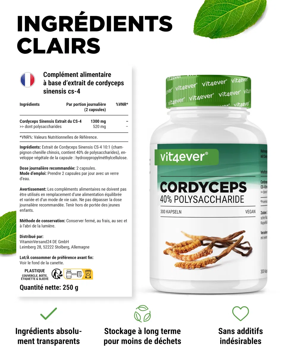 Champignon Cordyceps - 300 capsules avec 650 mg de Véritable Extrait de CS-4-40% de Polysaccharides Bioactifs - Haute Dose - Champignon Chenille - Vegan