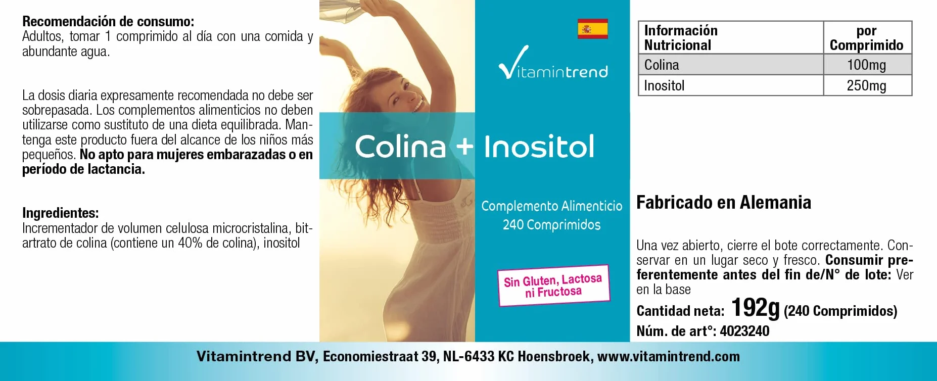 Vitamintrend Choline 100 mg + Inositol 250 mg, 240 comprimés, complément alimentaire végan sans stéarate de magnésium, fabriqué en Allemagne