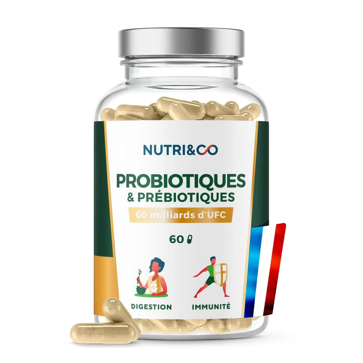 NUTRI & CO Probiotique Flore Intestinale - 60 Milliards UFC/jour - 9 Souches dont 2 Lactobacillus Brevetées - 60 Gélules Gastro-Résistantes aux Enzymes Digestives - Conditionné en France