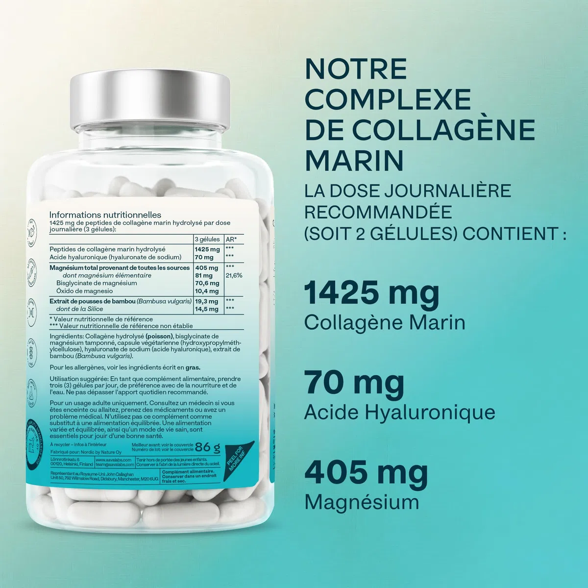 Collagene Marin Acide Hyaluronique et Magnesium | 1452 mg - Complement Alimentaire Peau Collagene et Acide Hyaluronique Pur au Peptide de Collagene - Collagène Marin Hydrolysé sans OGM - 120 Gélules