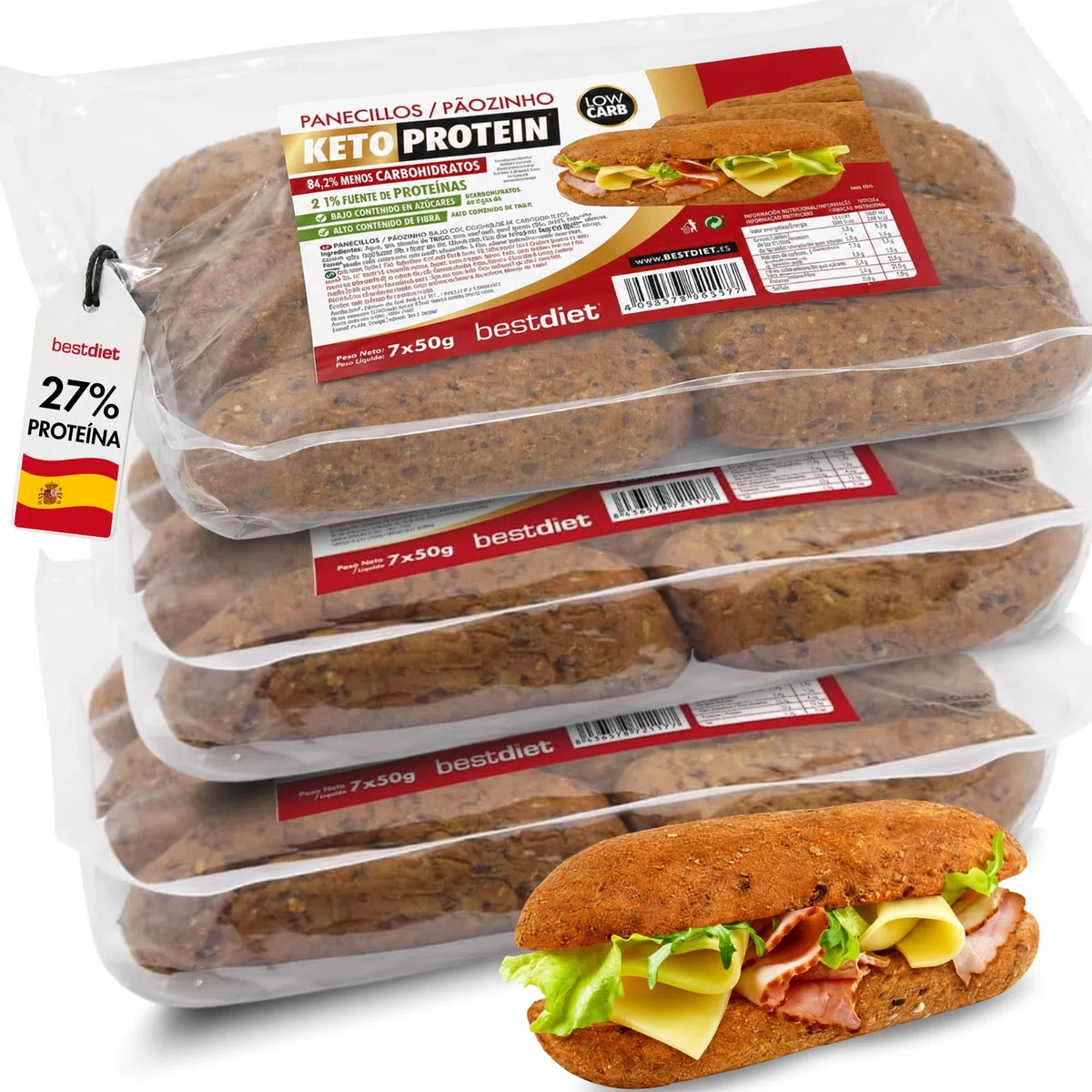 Keto Protein Bestdiet - Panecillos Proteicos Keto, Bajos en Azúcar, Alto en Fibra y Proteínas, Saciantes y Quemagrasas, con Trigo, Avena, Soja. (Pack de 3 paquetes de 350 g)