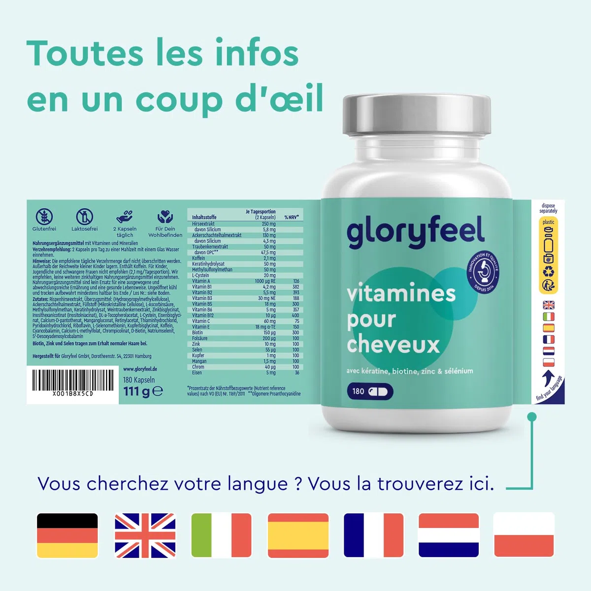 Vitamines Cheveux avec Biotine, Zinc & Sélénium, Pousse Cheveux, Anti Chute de Cheveux, 180 Capsules, Extrait de Millet & Kératine, 24 Vitamines & Minéraux, Sans Additifs & Testé en Laboratoire