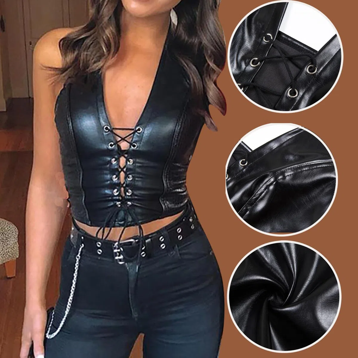 KFLY Débardeur corset sexy en cuir - Col en V profond - Pour femme - Y2k - Style gothique - PU - Haut ventre nu - Clubwear