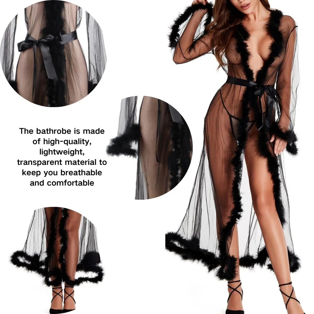 Femme Sexy Transparent Plumes Peignoir de Bain Maille Dentelle Kimono Robe Col en V Mariée Nuisette Extra Longue Cache-Maillot Perspective Lingerie Légère Bikini Cardigan Peignoirs (Noir)