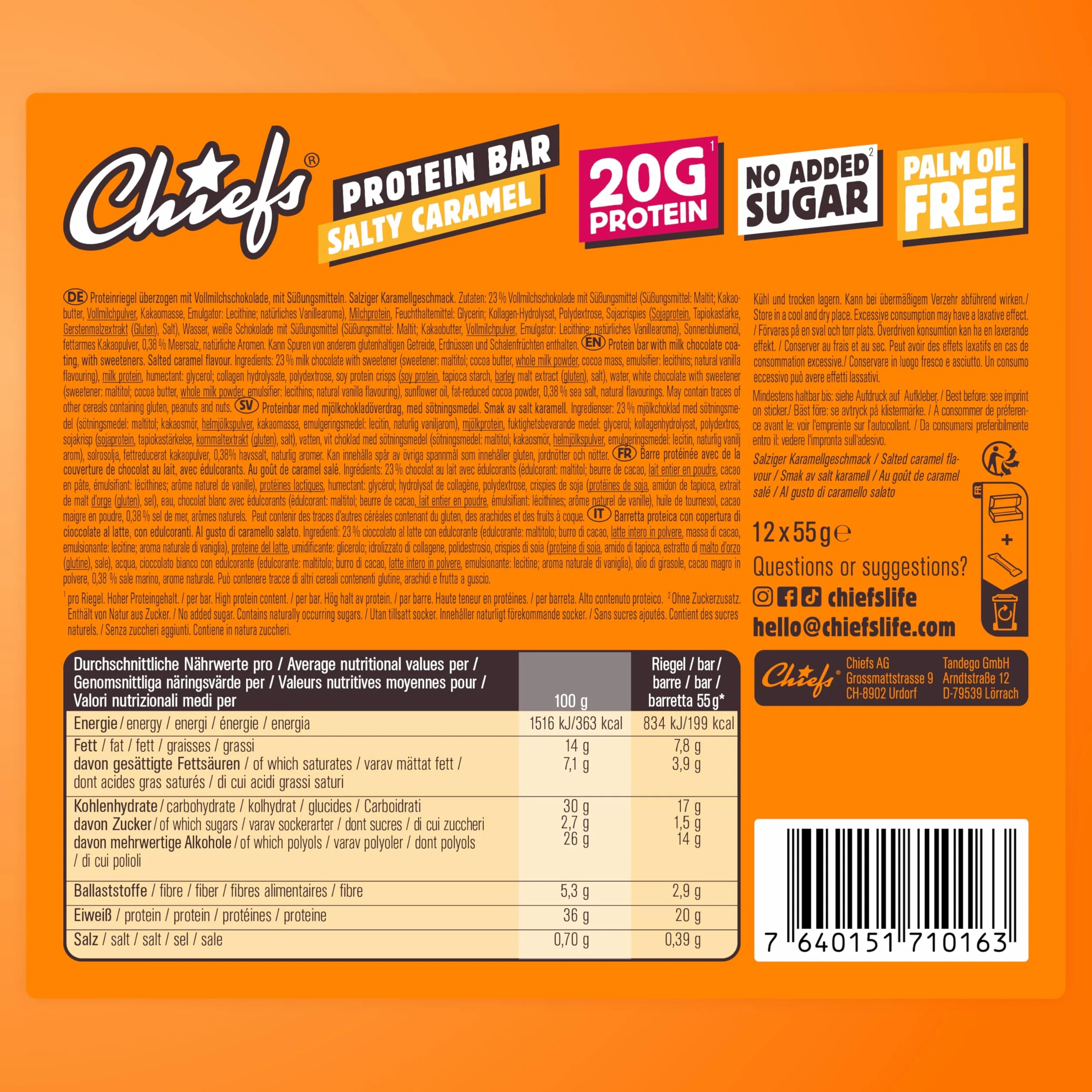 Chiefs Protein Bar (Salty Caramel) • Barre protéinée premium avec 20g de protéines & 214 kcal par barre • Sans sucre ajouté • Barre protéinée low sugar • Goût de Salty Caramel • Pack de 12 (12 x 55g)