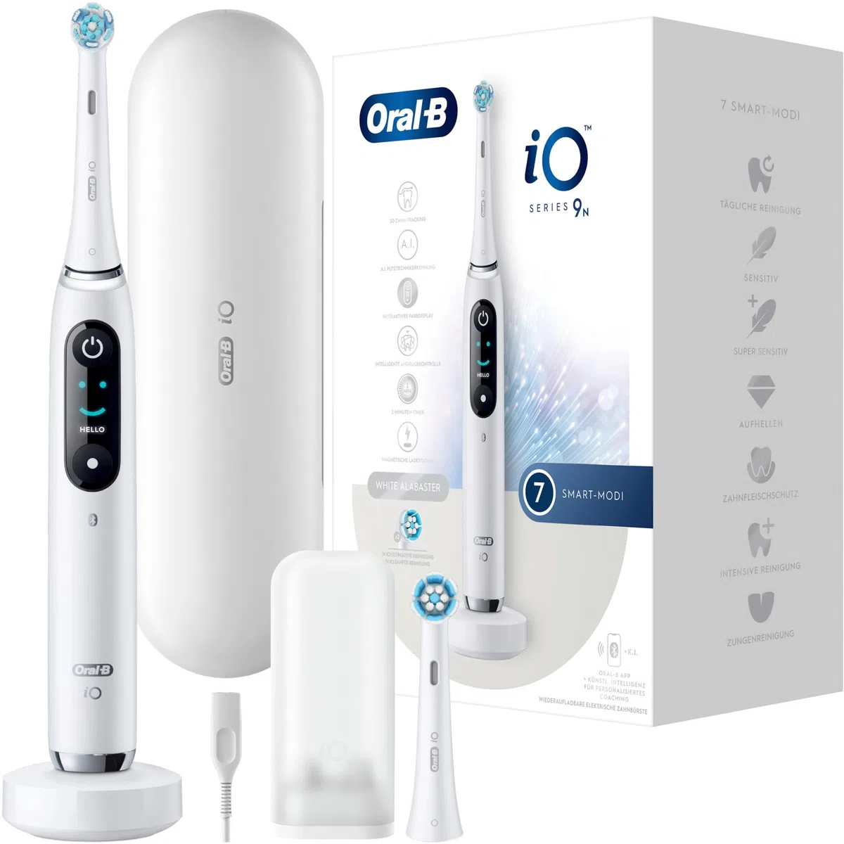 Oral-B iO Series 9 Brosse à dents électrique, 2 brossettes, 7 modes de brossage, soin des dents, écran couleur, étui de voyage, albâtre blanc