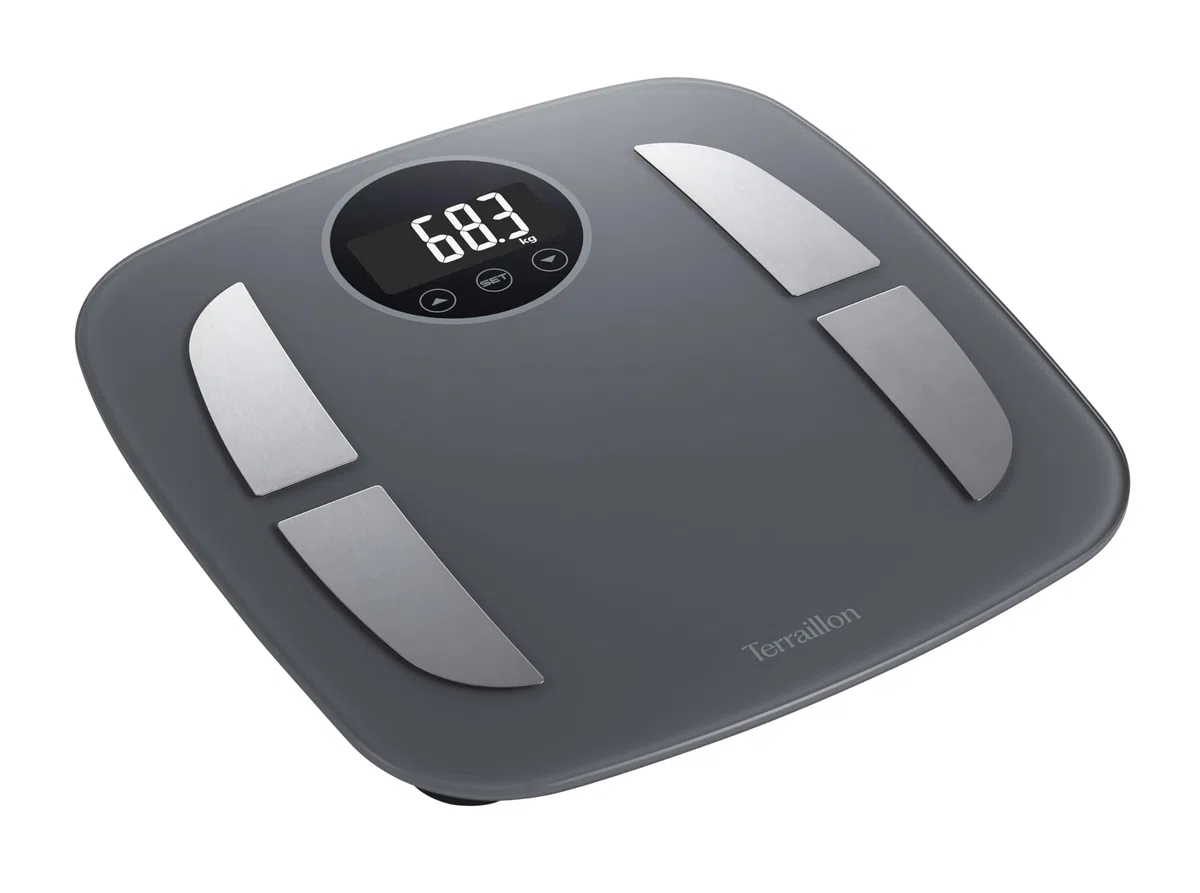 TERRAILLON - POWER FIT- Pèse personne électronique, Impédancemètre, Analyse des masses graisseuse, musculaire, hydrique, osseuse IMC, Gran écran rétro-éclairé, Capacité 160 kg, Plateau verre, Gris