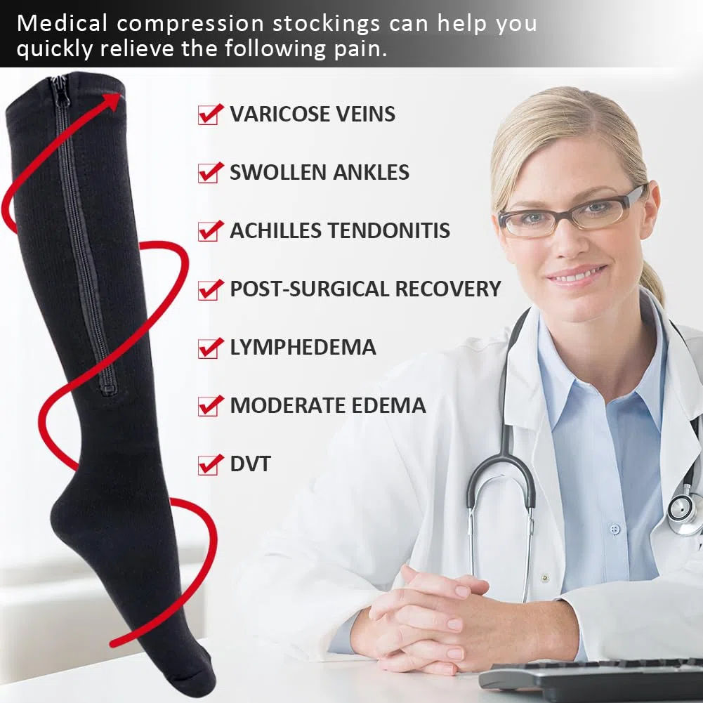 Ailaka Chaussettes de Compression Zippées Médicales Homme & Femme, 15-20mmhg Bas De Contention Classe 1 Medicale Soutien Graduel Bas De Compression, Indiqué pour Les Varices, Oedème