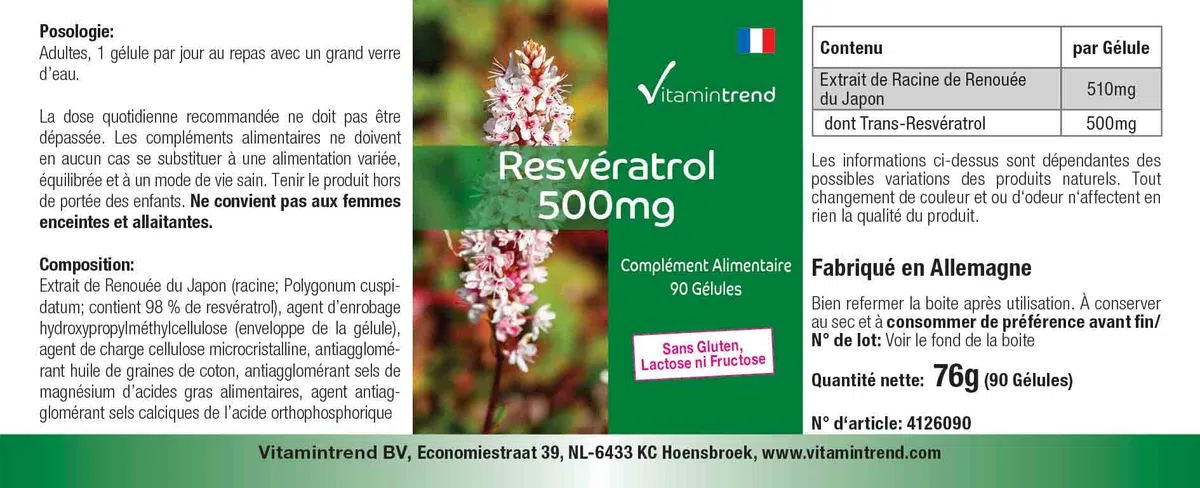 Vitamintrend Resvératrol 500 mg, 90 gélules d'extrait de renouée, hautement dosé, complément alimentaire végan sans stéarate de magnésium, fabriqué en Allemagne