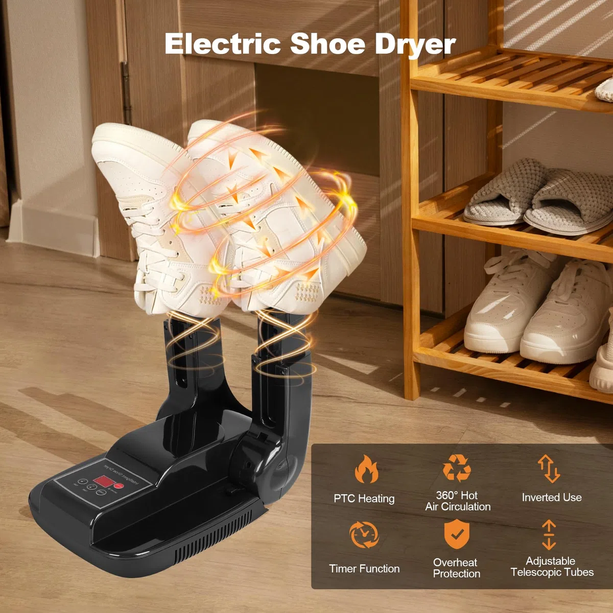 Sèche-Chaussures Électrique avec Minuterie et Support Télescopique, Séchage Rapide 42°C, Élimine Odeurs et Bactéries pour Chaussures, Bottes, Gants, Casques, Idéal Randonnée, Ski et Famille