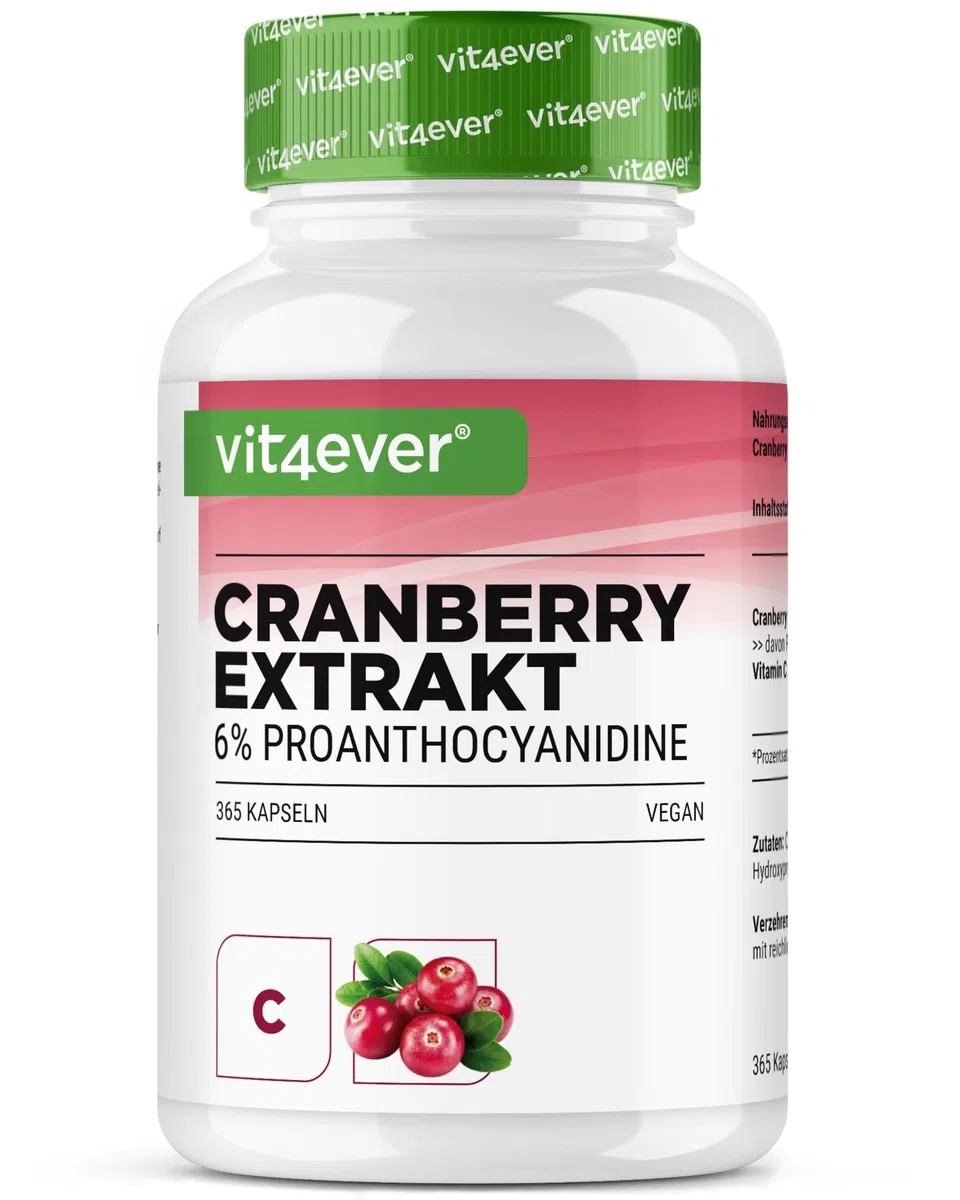 Extrait de canneberge + Vitamine C – 365 gélules de canneberge – Extrait 25:1, équivalent à 25.000 mg – 6% proanthocyanidines – Hautement dosé, sans additifs indésirables, végan