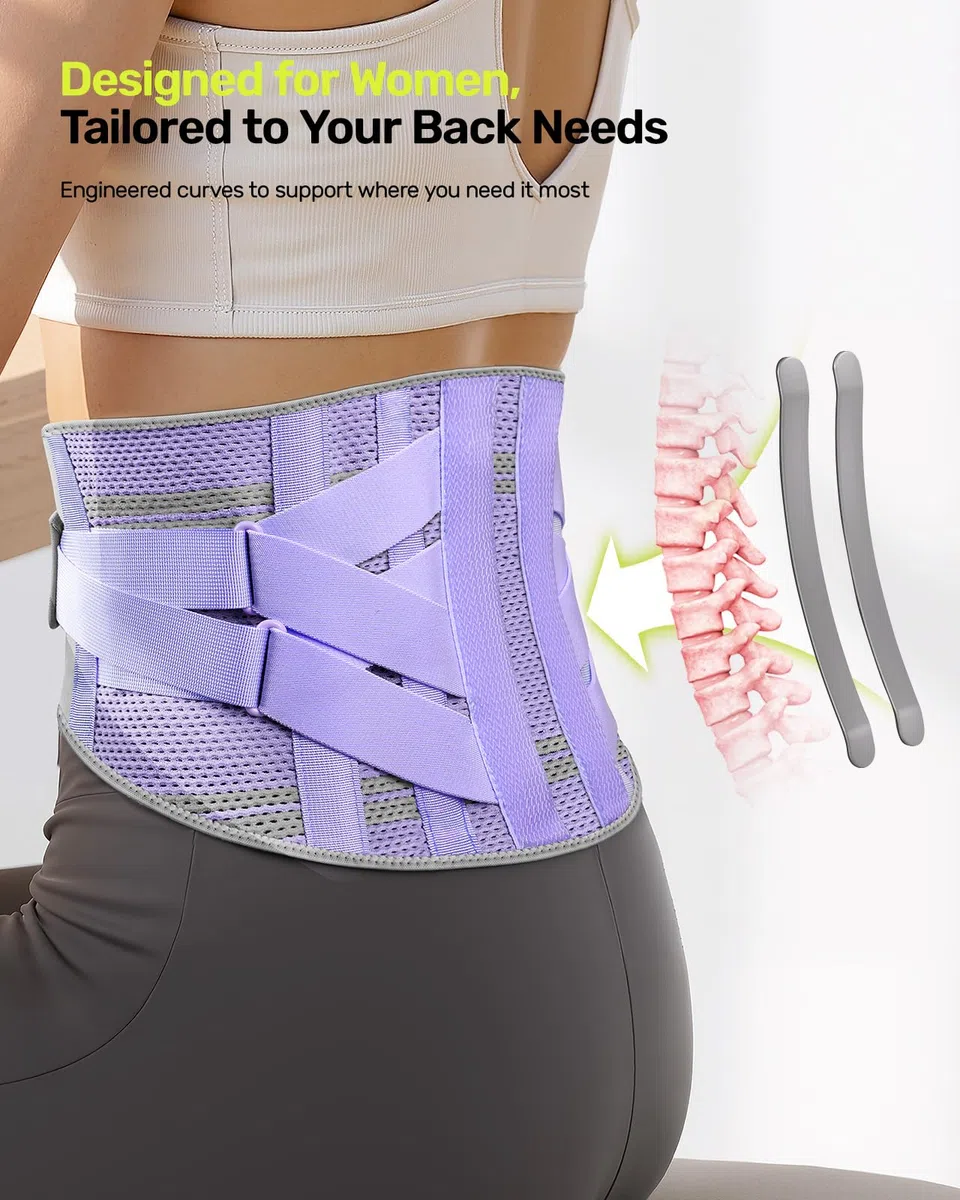 Rakiie Ceinture de soutien dorsal pour femme, système de soutien 9 positions avec coussinet en silicone 3D amélioré, soutien lombaire ergonomique réglable pour soulager la douleur (Violet, M)