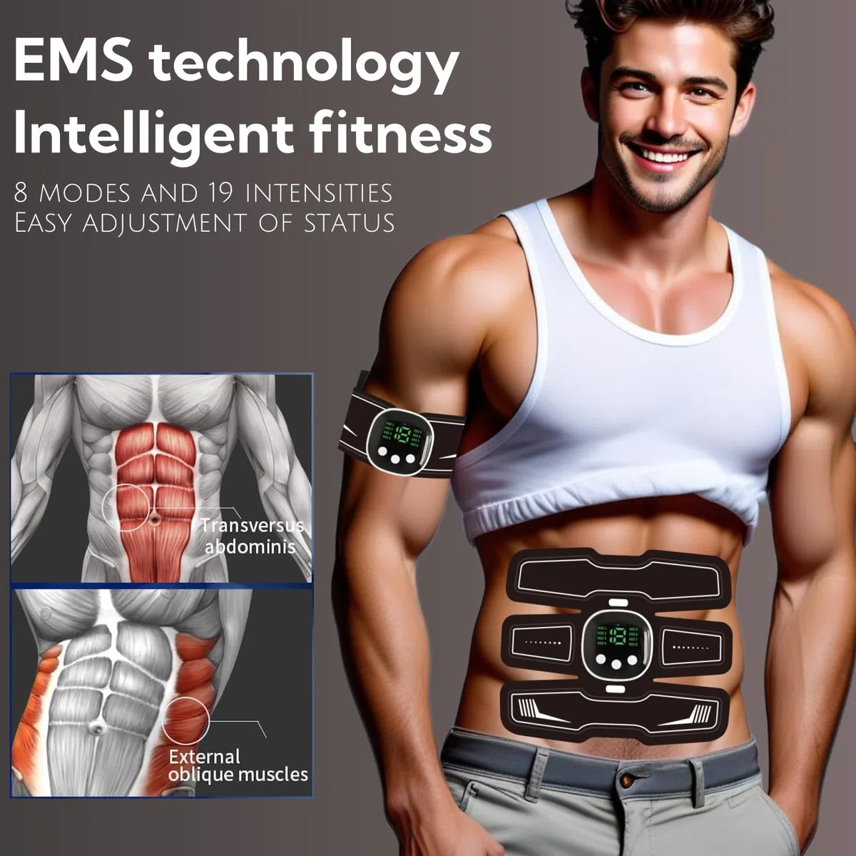 EMS entraîneur abdominal, entraîneur abdominal EMS, entraîneur abdominal 8 modes et 19 intensités pour abdominal, fitness intelligent, stimulation ciblée de la musculature abdominale