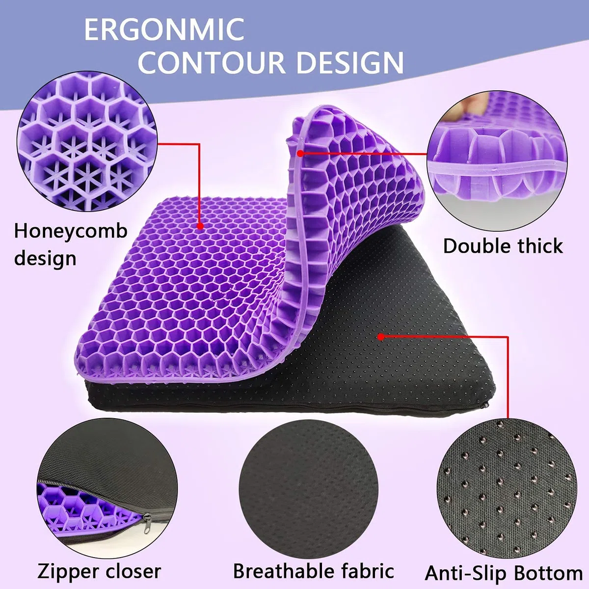 Coussin de Chaise,Coussin de Gel Respirant, Coussin Anti Escarres, Soulage la Pression sur Le Orthopédique avec Housse Antidérapant pour Voiture/Bureau/Maison/Fauteuil Roulant (Violet)
