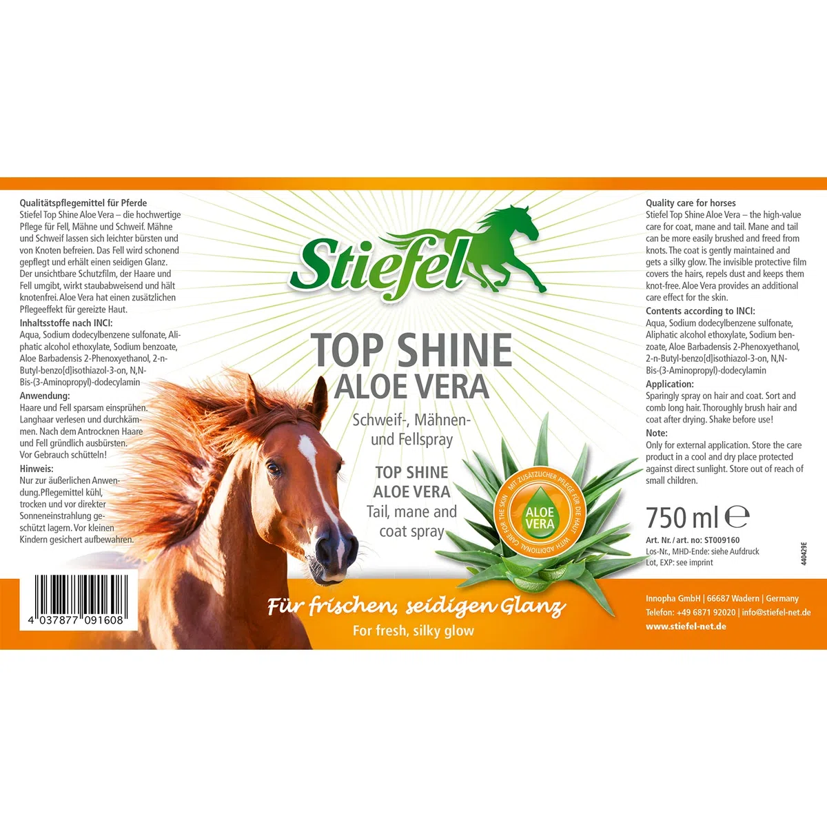 Stiefel Top Shine Aloe Vera – Spray pour robe, crinière et queue de cheval, démêlant avec aloe vera, brillance soyeuse, 750 ml