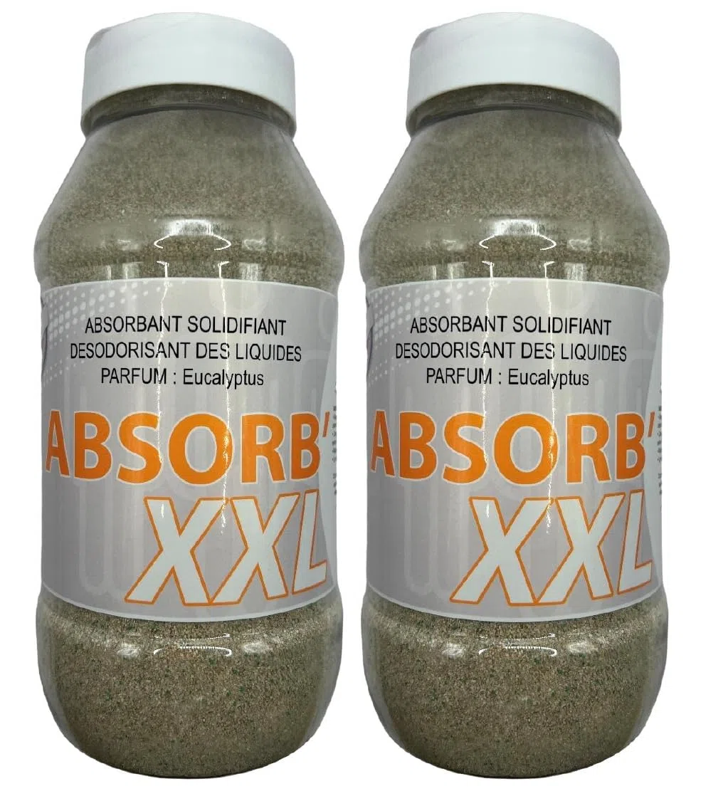 ABSORB XXL Poudre Super Absorbante Vomi, Urine et Liquides | Gélifiant Rapide et Solidifiant Parfumé à l’Eucalyptus | Pour Animaux, Enfants et Mal des Transports | Lot de 2 Bouteilles de 1L