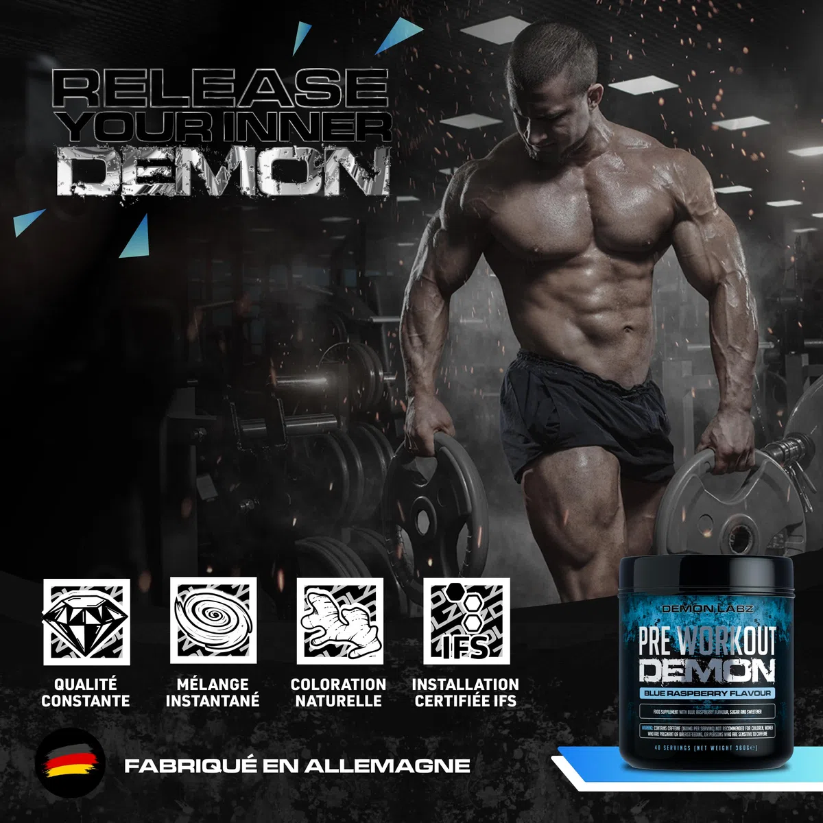 Pre Workout Demon - Pré-Entraînement Créatine (Framboise Bleue, 360g) | Booster pré-entraînement en poudre avec 160mg de caféine par dose, créatine, bêta-alanine, citrulline, glutamine et taurine