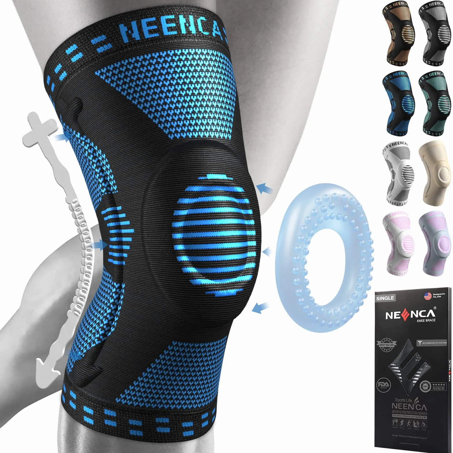 NEENCA Genouillère Professionnelle pour Homme et Femme avec Coussinets en Gel Rotulien et Stabilisateurs Latéraux,Genouillères de Qualité Médicale pour la Course,les Déchirures du Ménisque,l'arthrite
