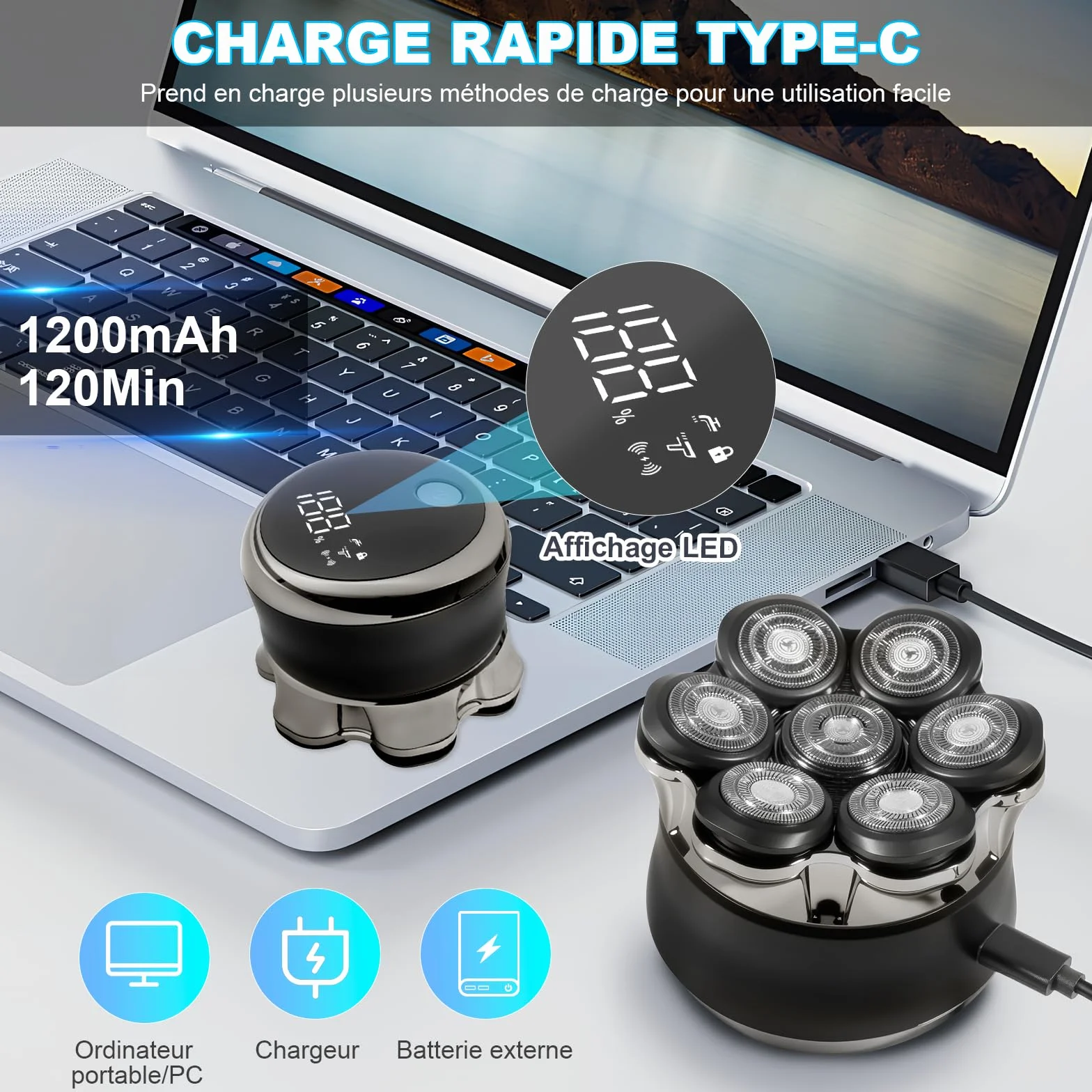 Carehabi Rasoir de Tête Chauve electriques pour Homme, IPX6 Étanche, Rechargeable, Interface Type-C, Tête Flottante Magnétique 7D, Nettoyage Facile, Autonomie de la Batterie Jusqu'à 120 Minutes