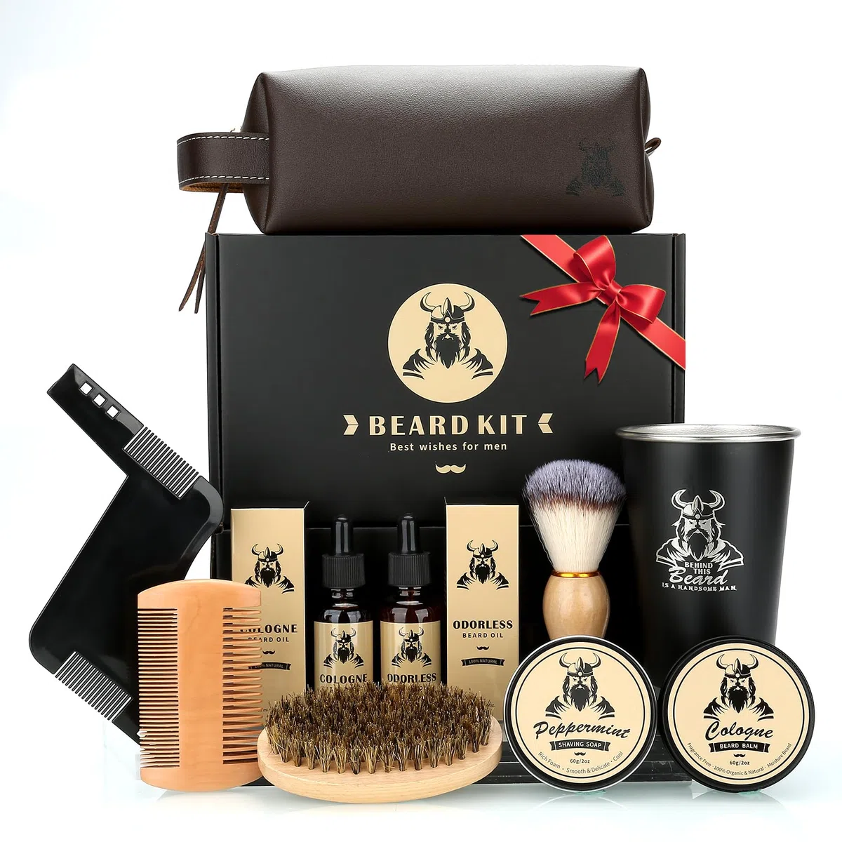 EXREIZSTKit Barbe homme,coffret barbe homme2Huile de croissance de la barbe, baume, blaireau, peigne, savon de rasage,Tasse en acier inoxydable rangementconvient aux cadeaux d'anniversaire pour homme