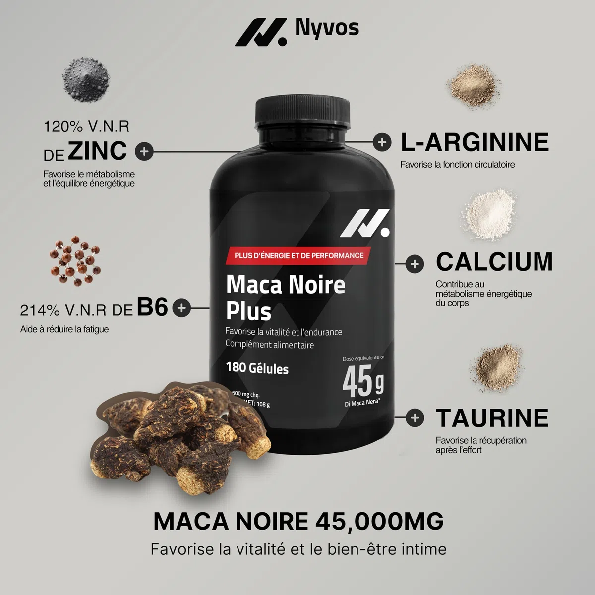 Maca noire 45 000 mg – 180 gélules végétaliennes – Énergie, vitalité et testostérone – Avec L-arginine, taurine, zinc, calcium et vitamine B6 – Qualité et sécurité des produits européens de l'UE