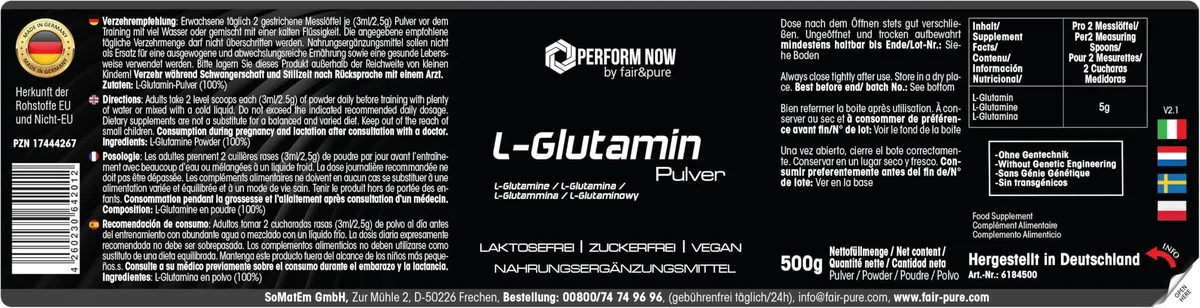 Fair & Pure® - L-Glutamine 500 g en poudre - 100% pure sans additifs - Vegan - Acide aminé protéinogène
