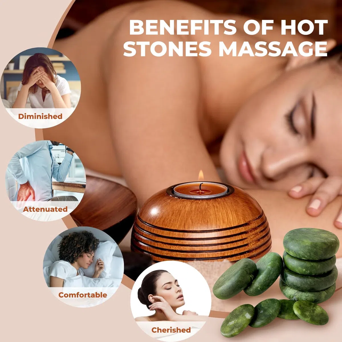 Lot de 10 pierres de massage à l'olivine - Pierres chaudes en pierre volcanique pour spa, massothérapie et relaxation profonde