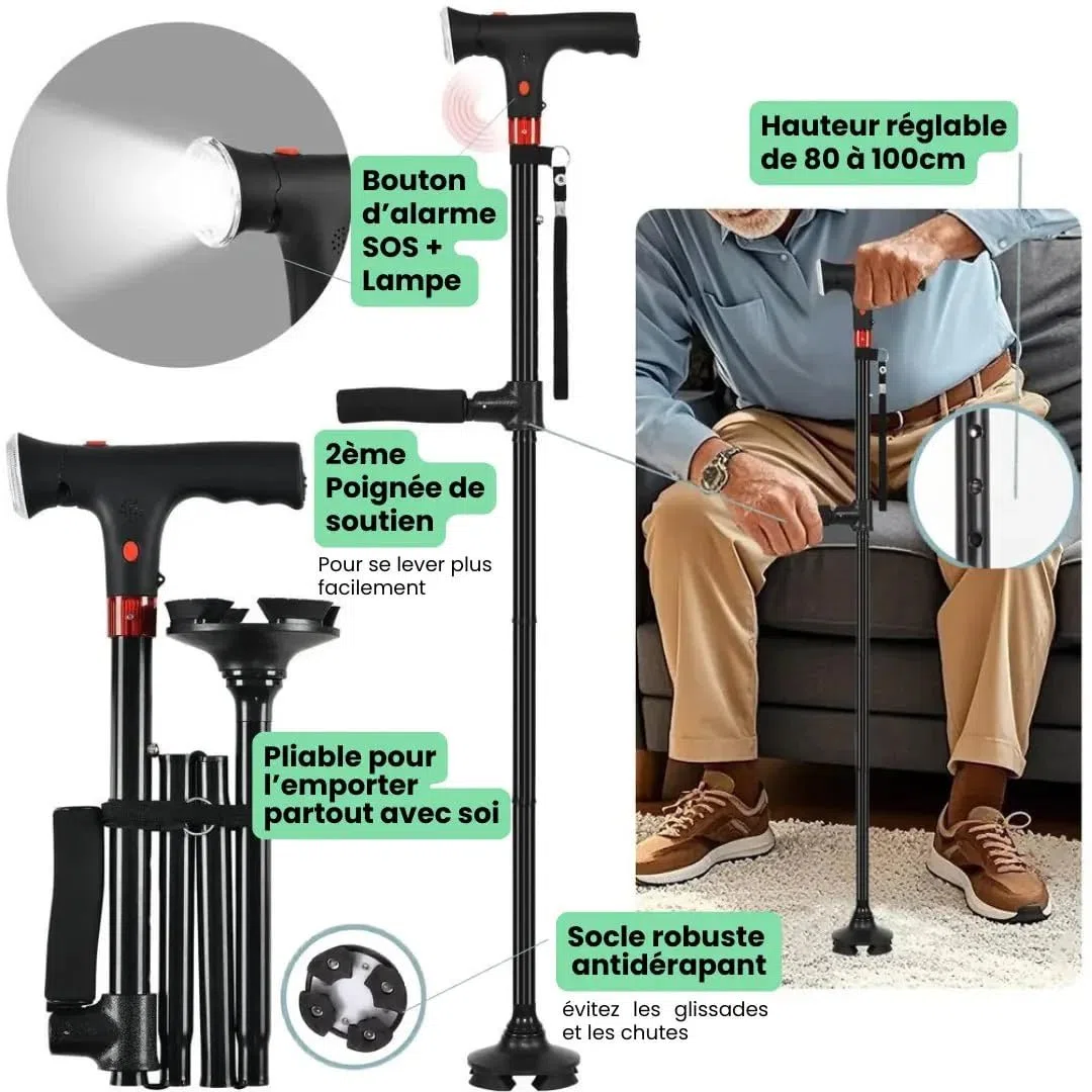 Canne De Soutien Astuvita Canne de Marche Ergonomique avec LED et Alarme, Double Poignée & Base Autoportante, Aide à la Mobilité Senior, Pliable Réglable Légère