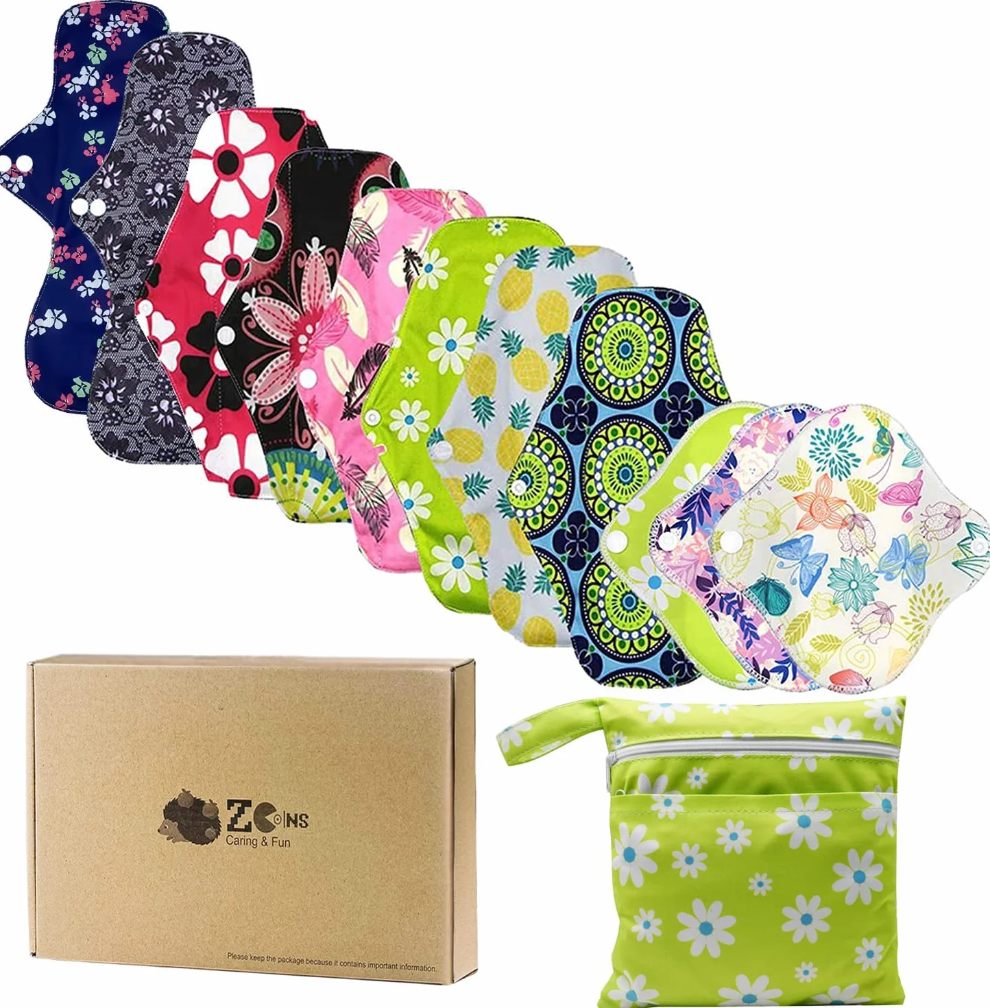Lot de 11 Serviettes Hygiéniques Lavables Réutilisables (S+M+L) - Jour/Nuit pour Tous Flux (Léger à Intense) - Absorption Maximale Anti-Fuites, avec Sac Imperméable