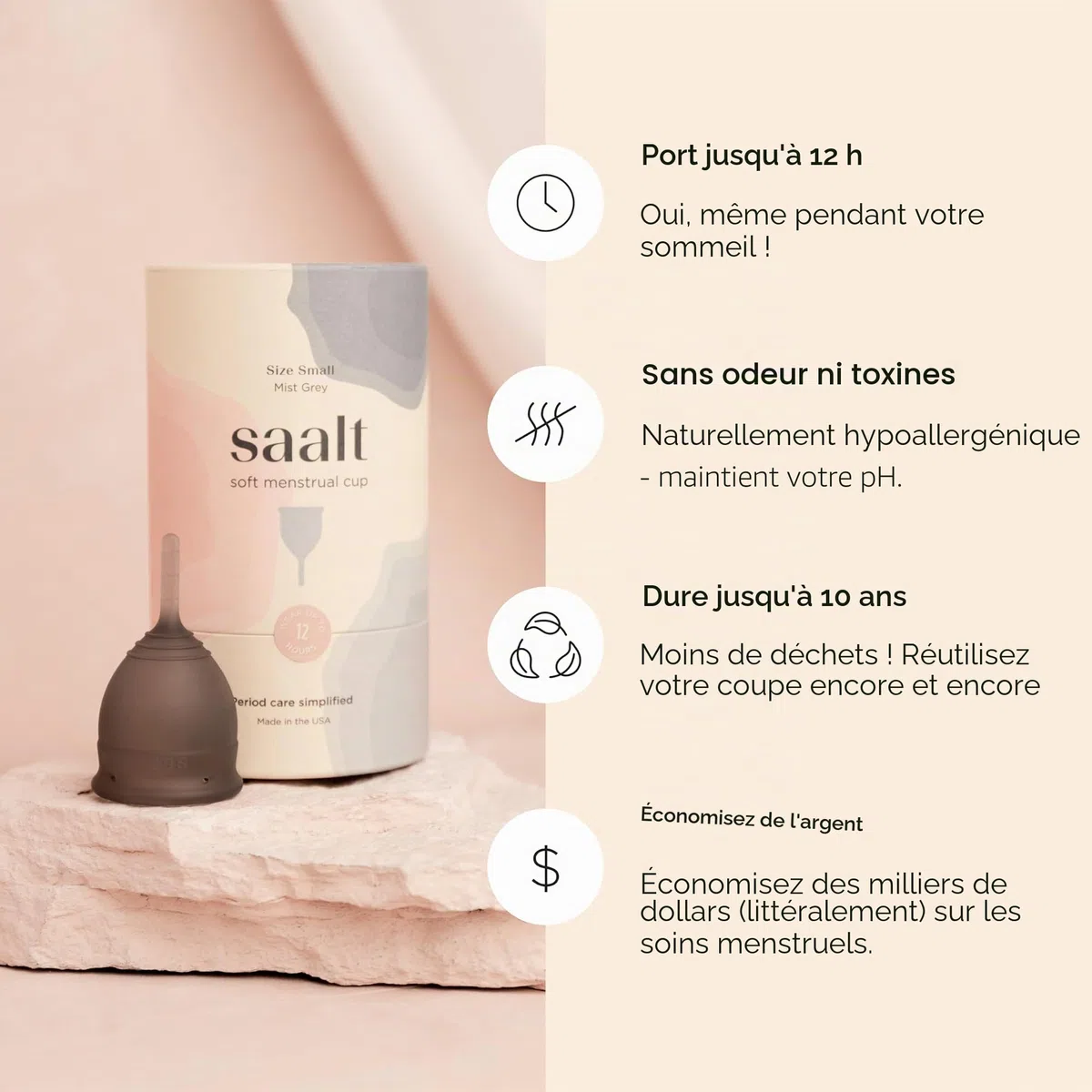 Saalt Soft Menstrual Cup – Coupe menstruelle réutilisable – Protection anti-fuites jusqu'à 12 heures – Sans BPA ni latex – Inclut une coupe et un sac de transport - taille Petit, Gris