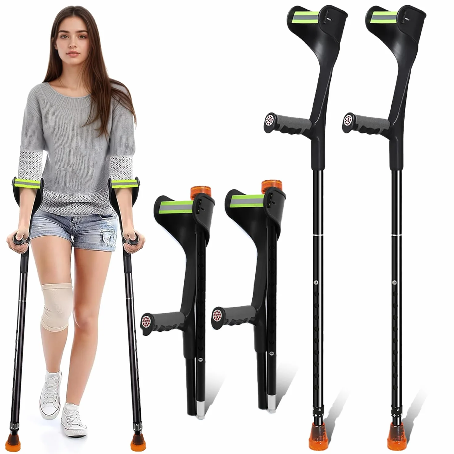 Lot de 2 béquilles pliantes pour adultes, béquilles légères pour adultes, femmes, hommes, personnes âgées, hauteur réglable avec poignée confortable, béquilles noires pour aides à la marche
