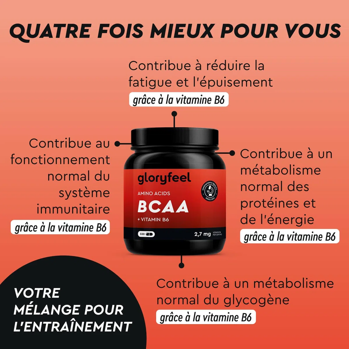 BCAA (330 Capsules), Acides Aminés Essentiels Fortement Dosée, Contient Leucine, Valine et Isoleucine avec Vitamine B6, Hautement Biodisponible, Contre la Fatigue*, Sans Arômes et Additifs
