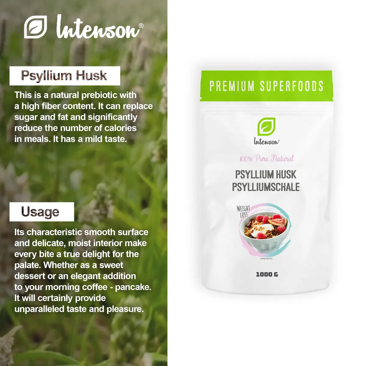 INTENSON Psyllium Husk 1 kg, Pure &Natural Psyllium Seeds Husks, High in Fibre, to be mixed with Water, Beverages, & Juices, Vegetarian & Vegan