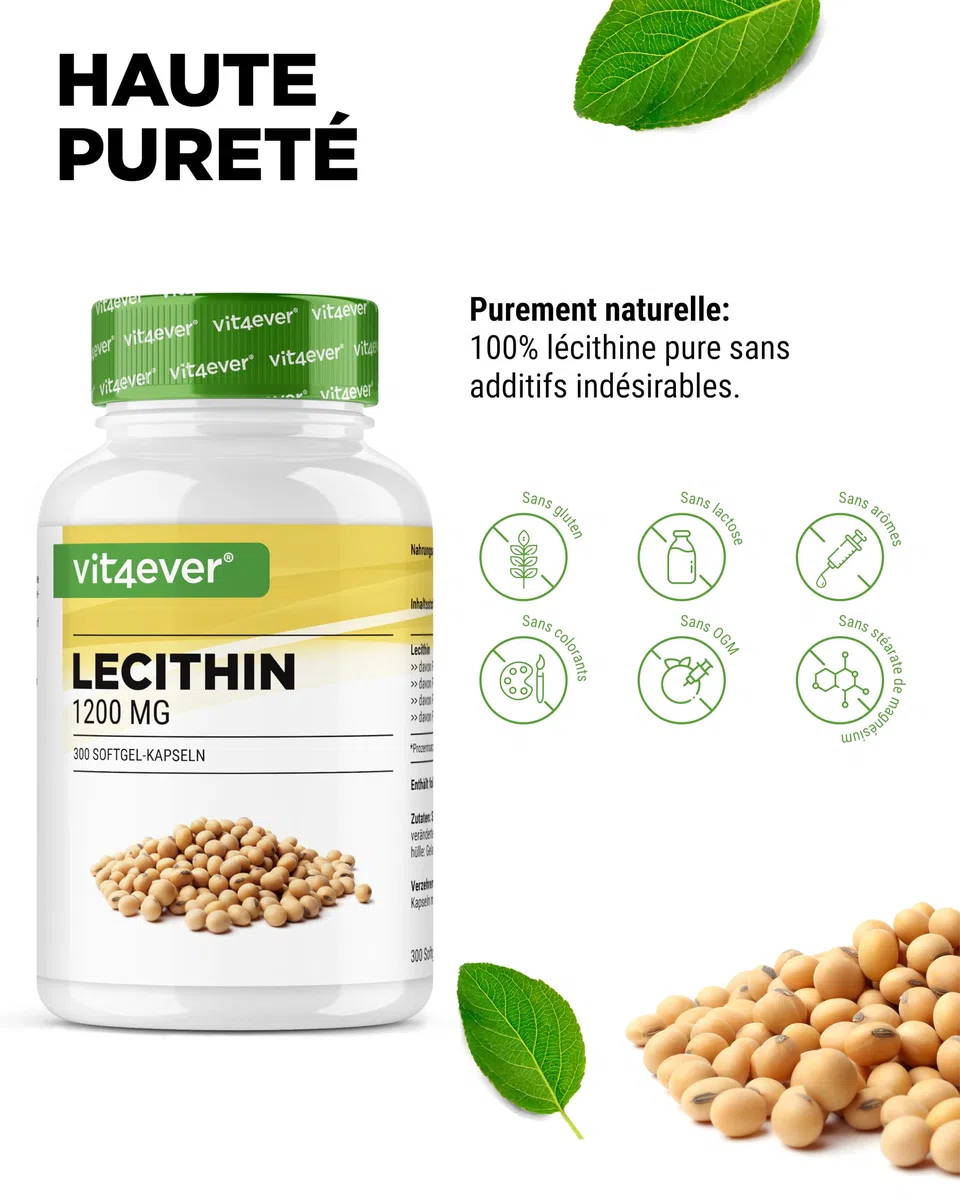 Lécithine 1200 mg - 300 Softgels - Premium : avec Phosphatides - Lécithine de Soja sans OGM - Haute Dose - Qualité Premium