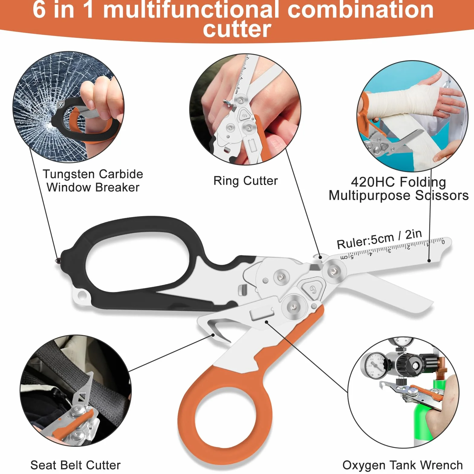 Ciseaux d'urgence, ciseaux de sauvetage multi-outils avec 6 fonctions pratiques, pince à ciseaux pliable avec étui, pince pliante tactique