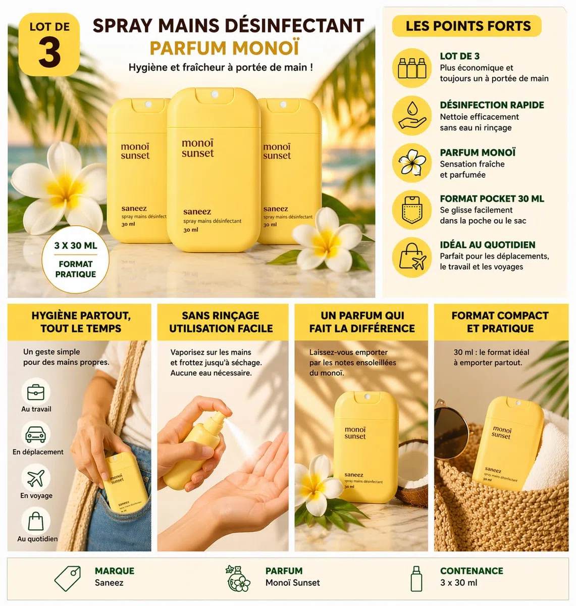 Spray Mains Désinfectant Parfum Monoï – Lot de 3 x 30 ml – Format Poche – Sans Rinçage – Parfum Monoï Sunset – Hygiène Nomade