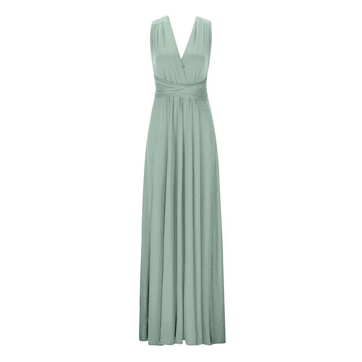 Generisch Robe maxi pour femme avec col en V en vert sauge - Robe de soirée sans manches avec taille empire - Élégante robe d'été longue au sol